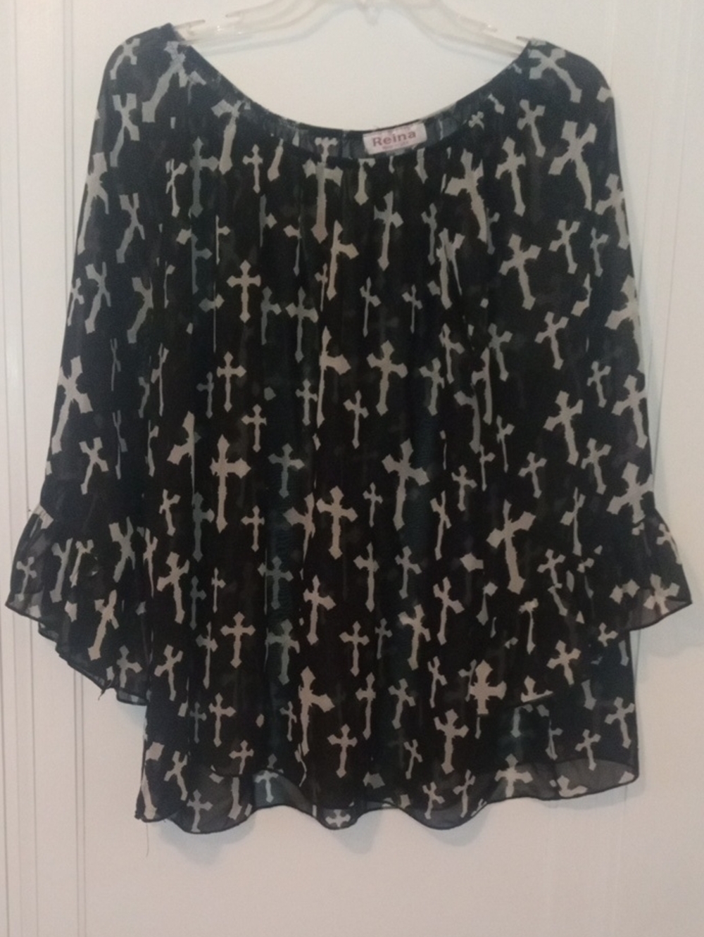 women 2x sheer top black white 3/4 sleeve